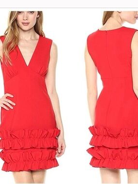 Nicole Miller Red V-Neck Sleeveless Ruffle Hem Mini Dress
